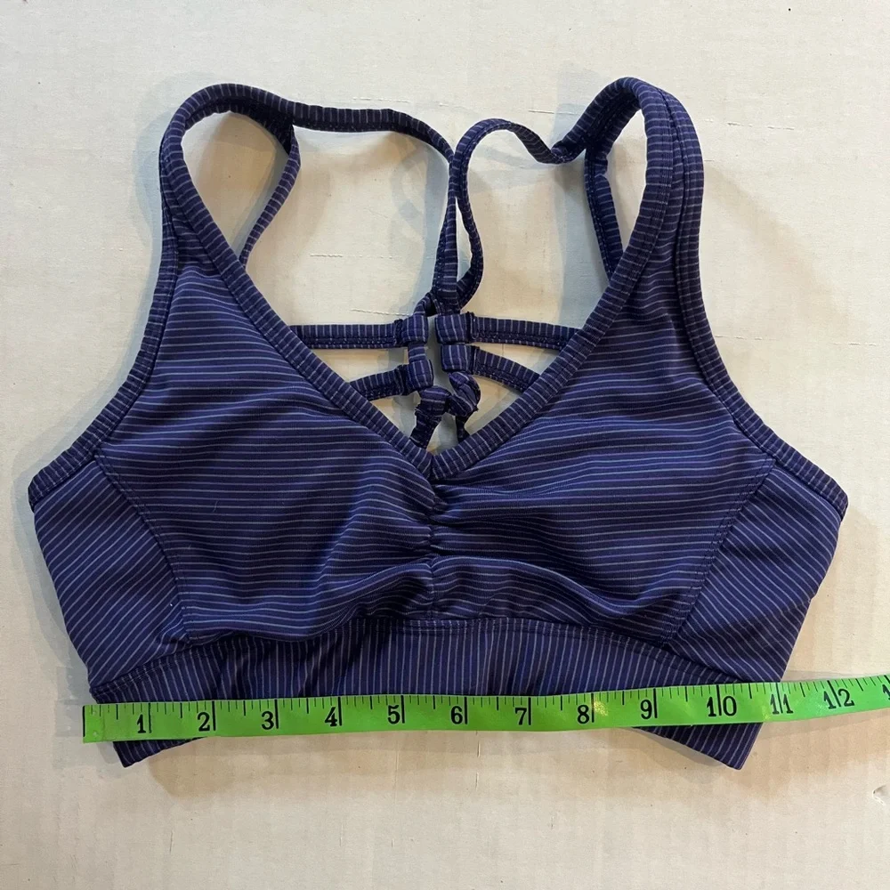 Prana Dreaming sports bra purple striped strappy caged back V neck size XS - Picture 7 of 8